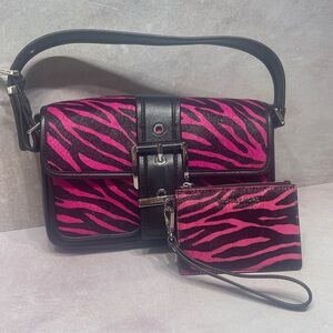 Michael Kors Colby Hot Pink Zebra Stripe Bag & Matching Wallet Calf Hair Cerise